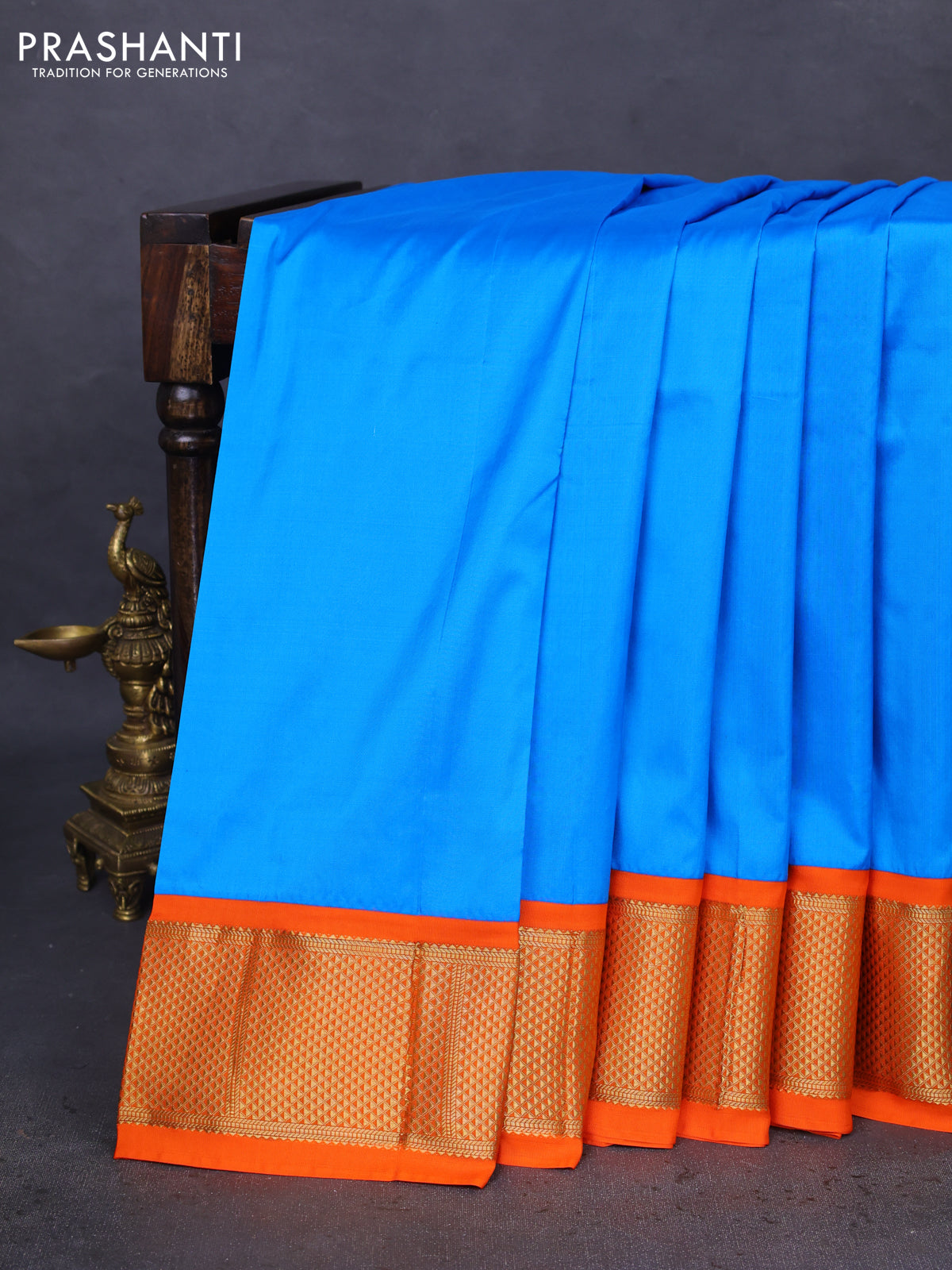 10 Yards silk saree cs blue and orange with plain body and zari woven border