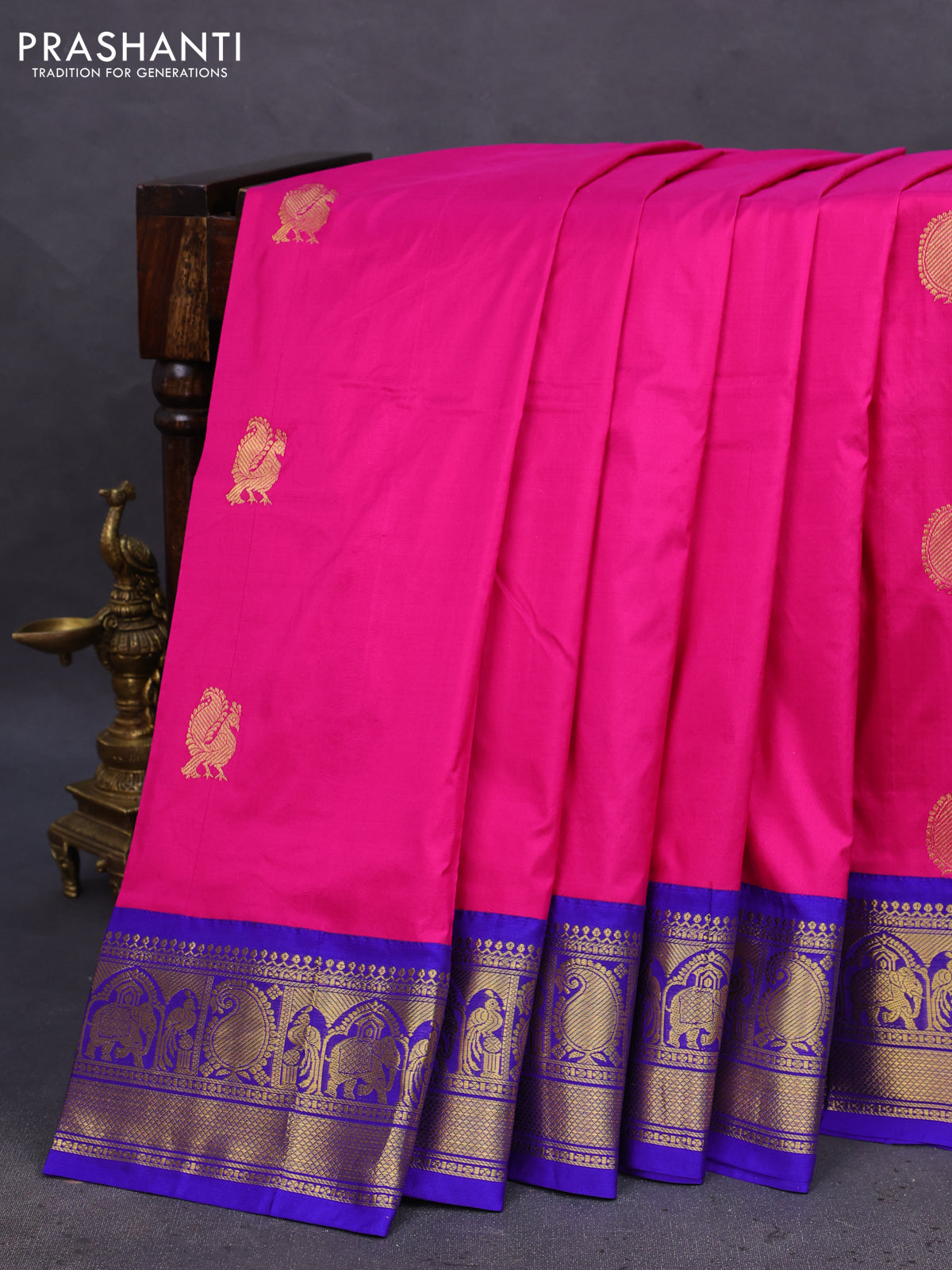 10 Yards silk saree pink and blue with annam & paisley zari woven buttas and zari woven border
