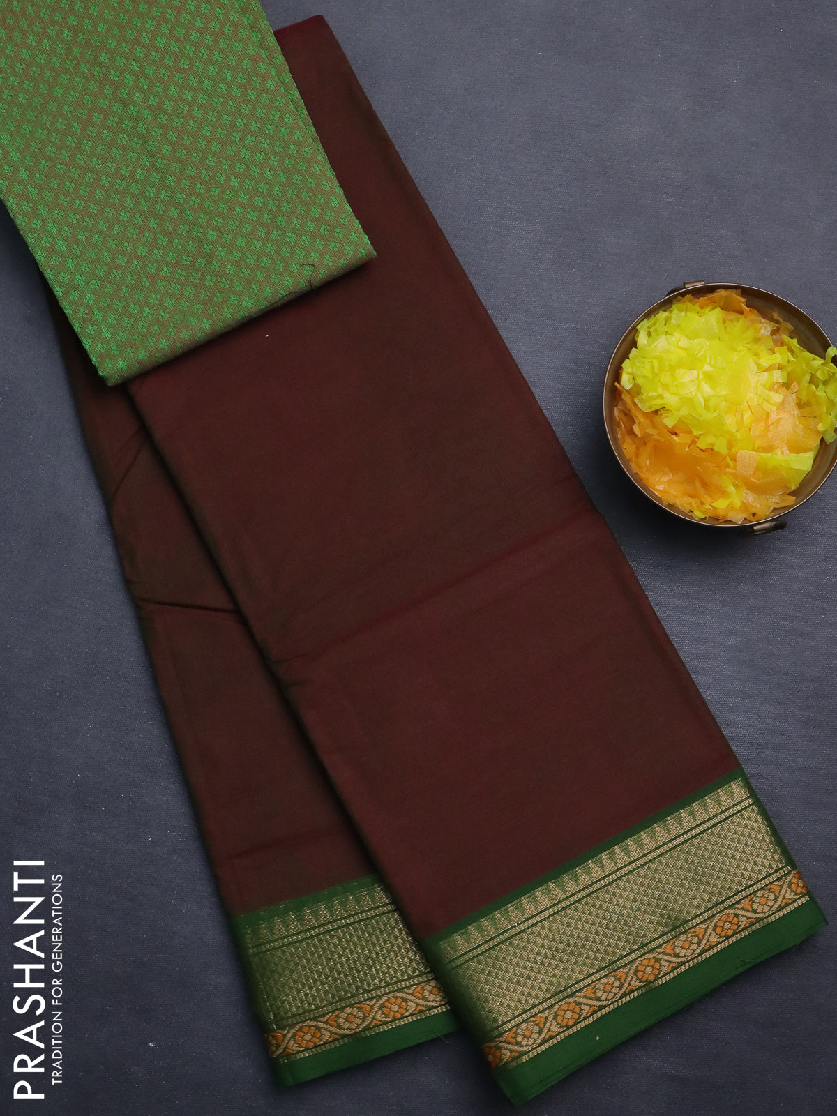 Chettinad cotton saree dual shade of maroon and green with plain body and zari woven border