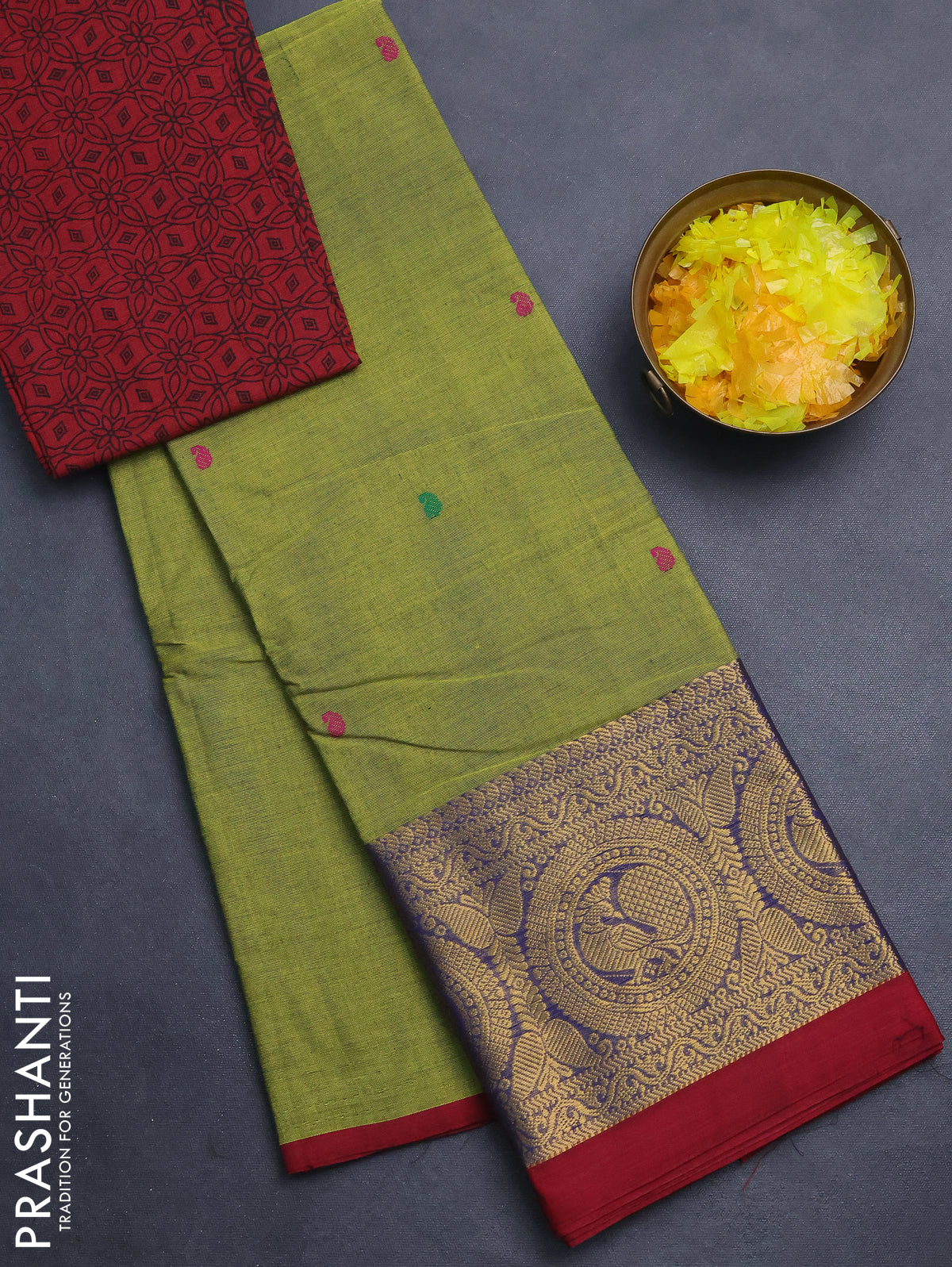 Chettinad cotton saree light green and maroon with thread woven buttas and long zari woven border