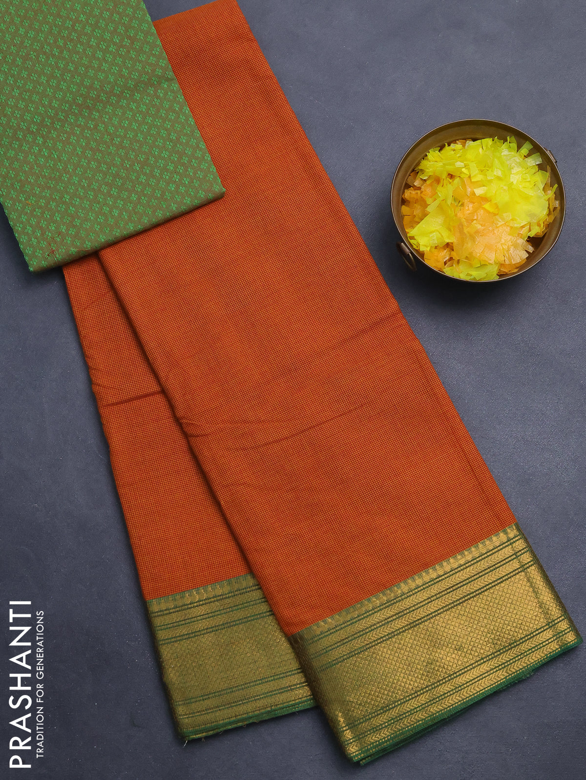 Chettinad cotton saree dark mustard and green with allover small checked pattern and zari woven border