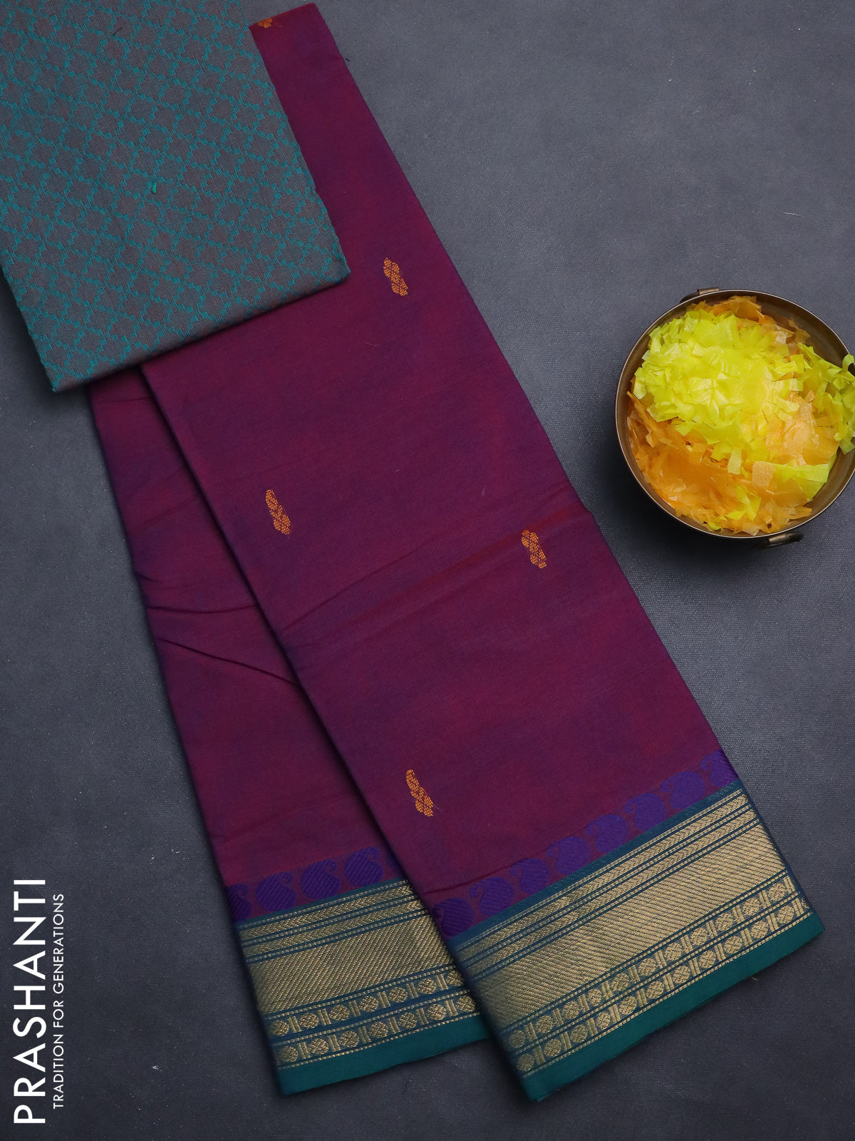 Chettinad cotton saree dual shade of maroon and peacock green with thread woven buttas and zari woven border