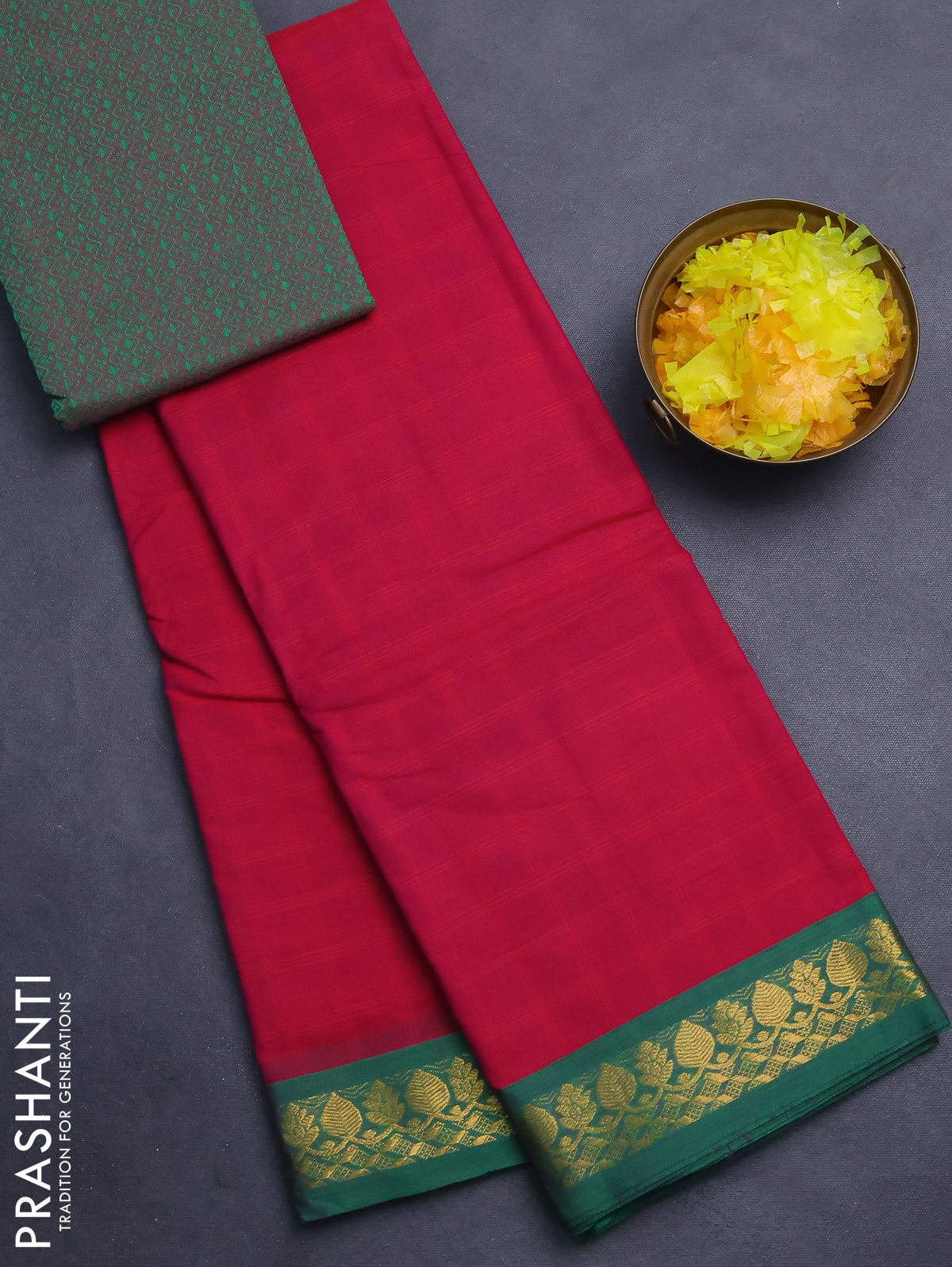 Chettinad cotton saree pink and green with allover checked pattern and zari woven border