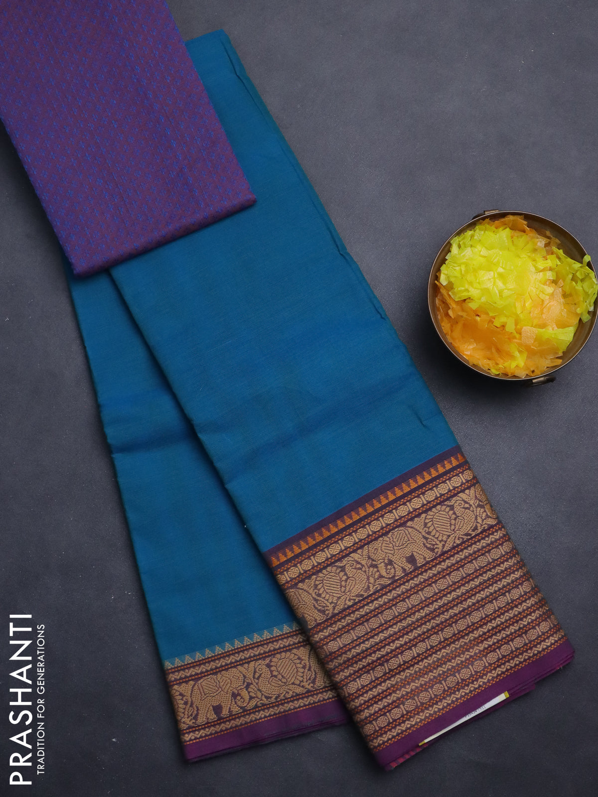 Chettinad cotton saree cs blue and purple with palin body and long thread woven border