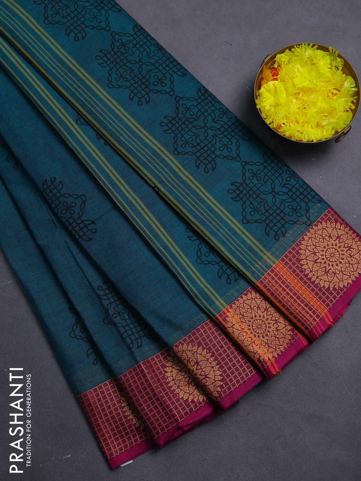 Chettinad cotton saree peacock green and purple with allover prints and thread woven border