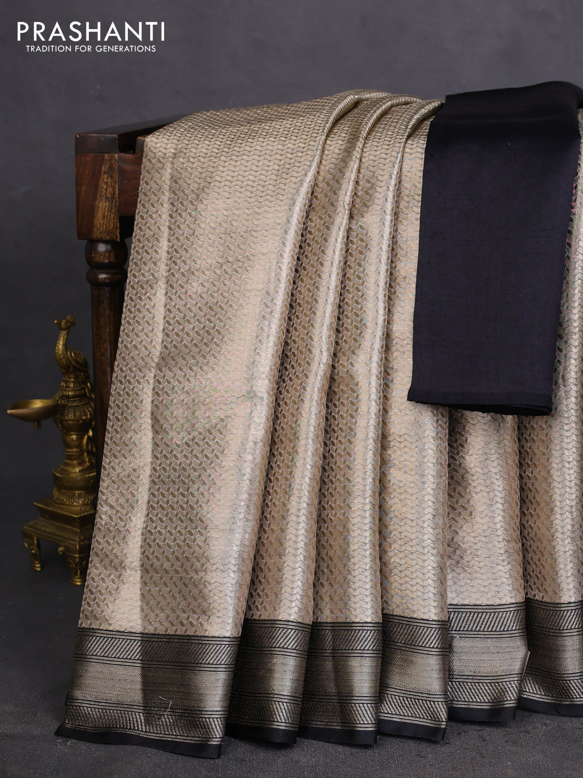 Banarasi tissue silk saree grey and black with allover zari woven brocade weaves and zari woven border