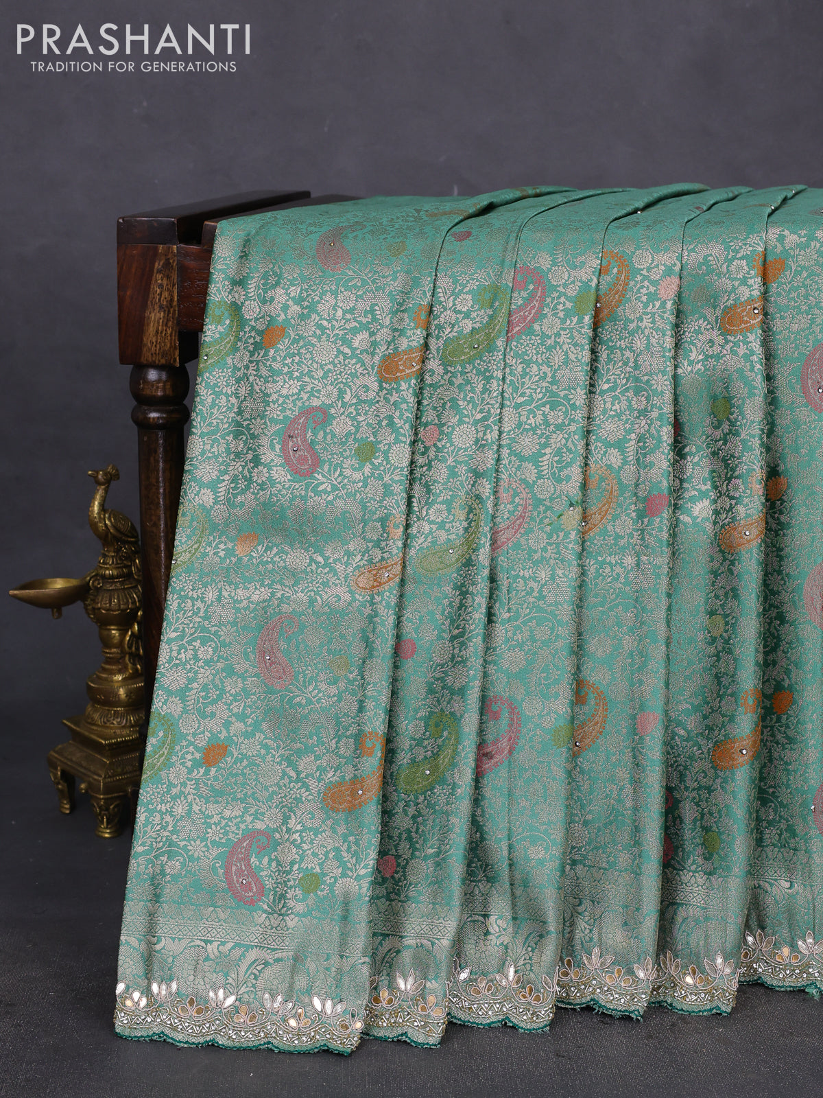 Banarasi silk saree pastel green with allover zari woven brocade weaves and zaridosi gotapatti work border