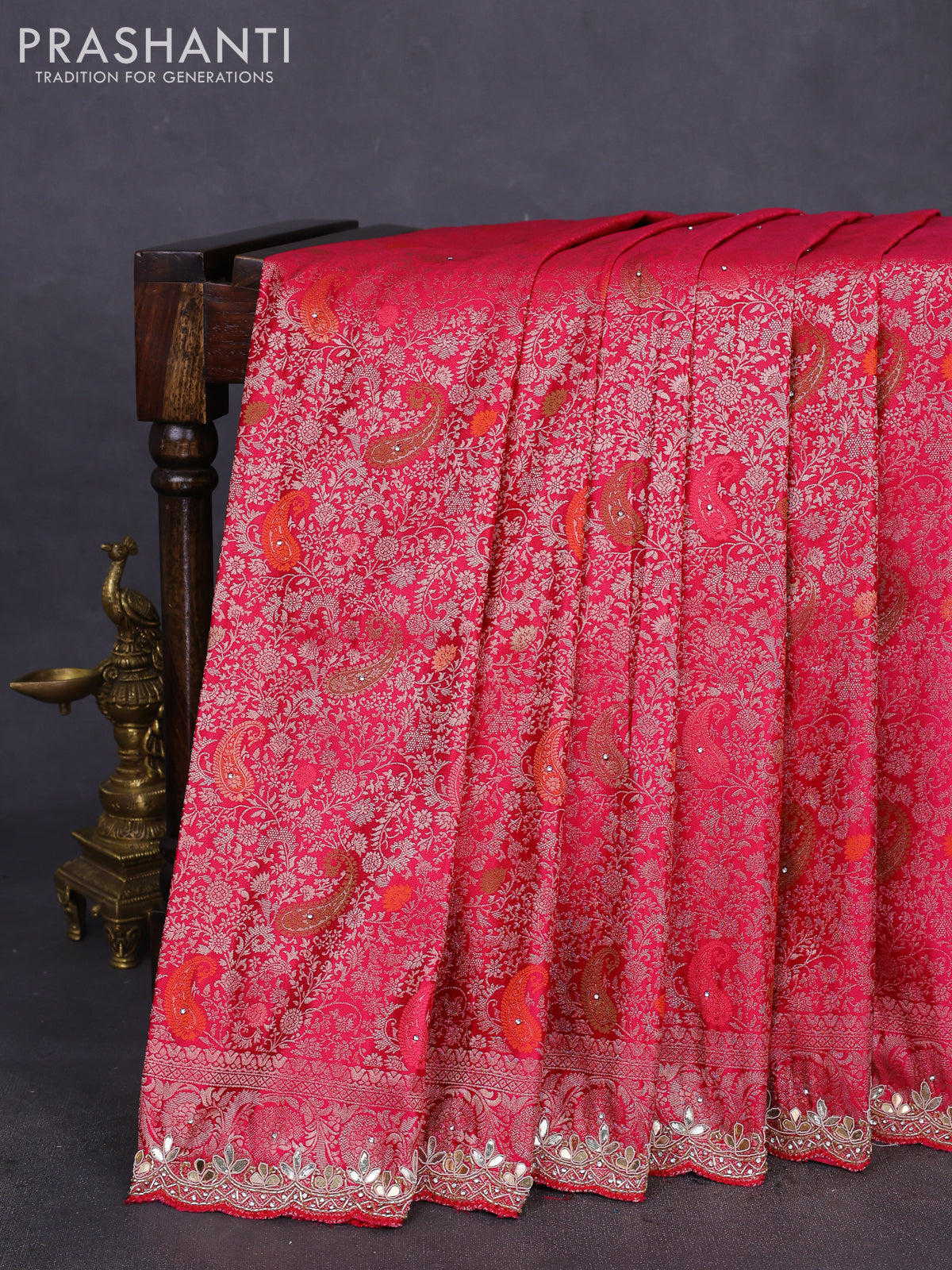 Banarasi silk saree pink with allover zari woven brocade weaves and zaridosi gotapatti work border