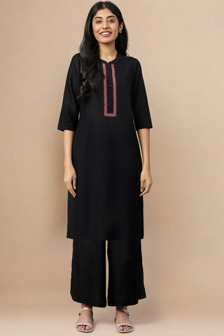 Black Thread Embroidery Cotton Blend Straight Kurta and Palazzo Set