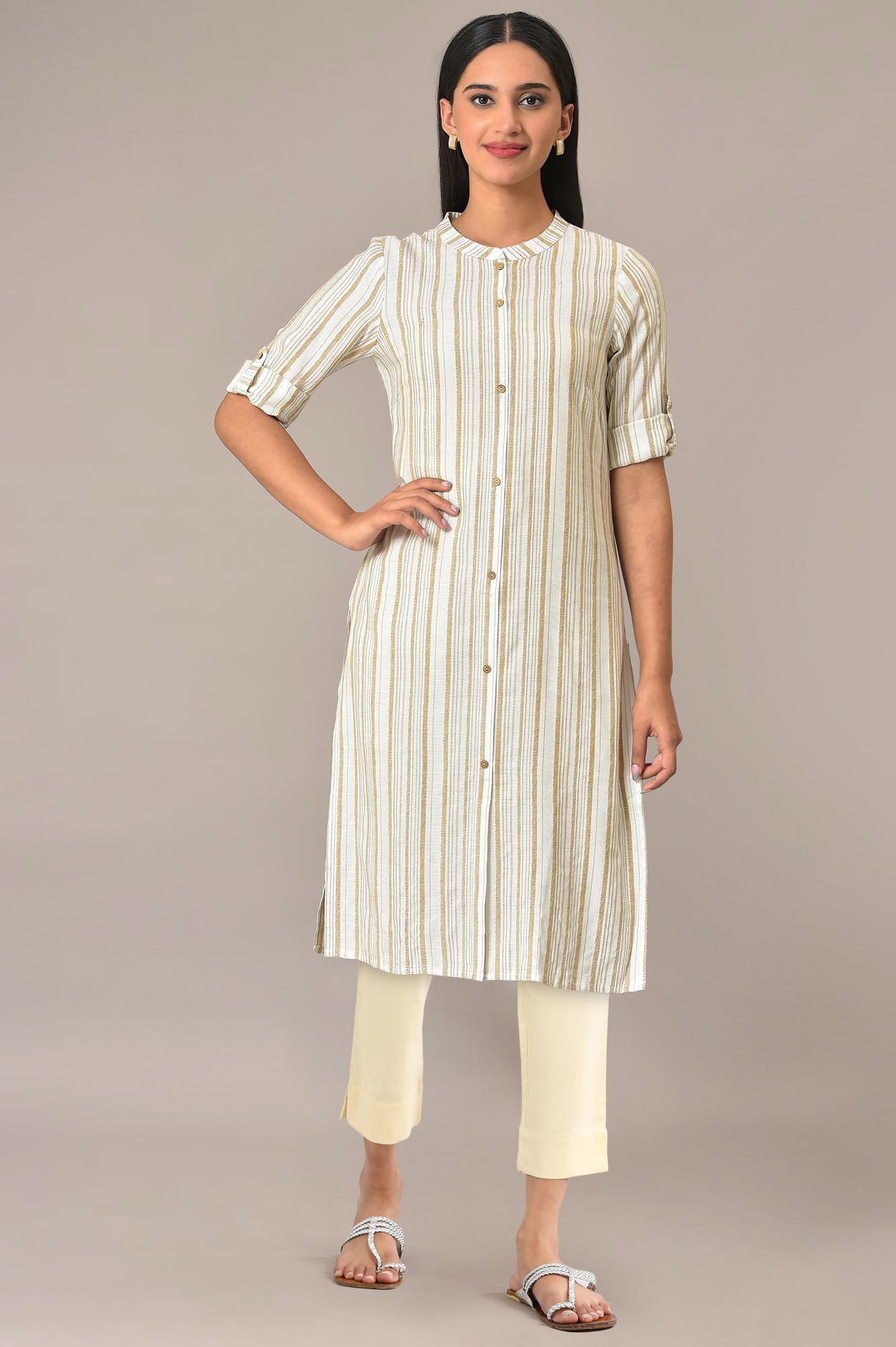 Beige Viscose Rayon Straight Kurta and Trouser Set