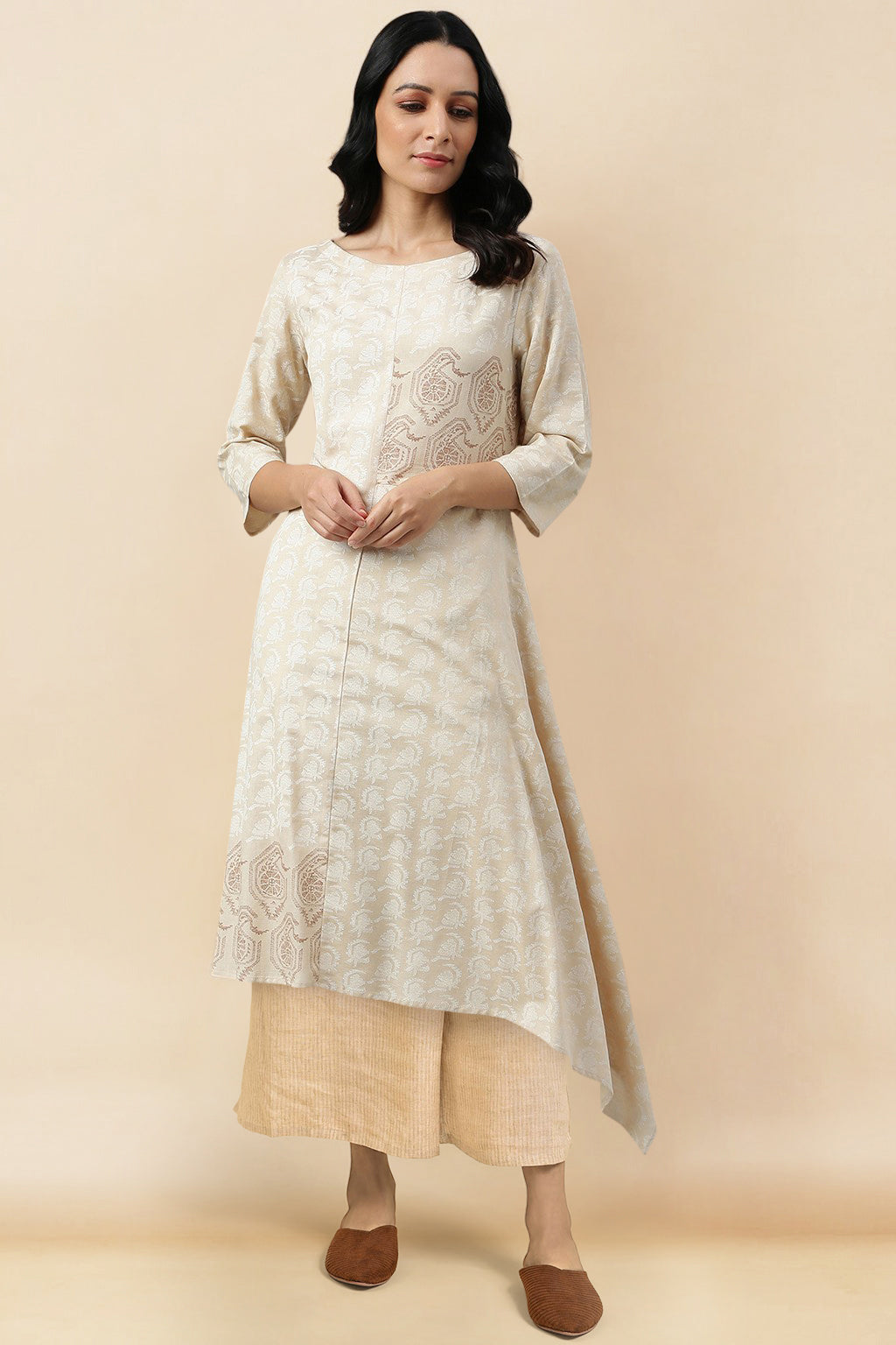 Beige Rayon Flared Kurta and Parallel Pant Set