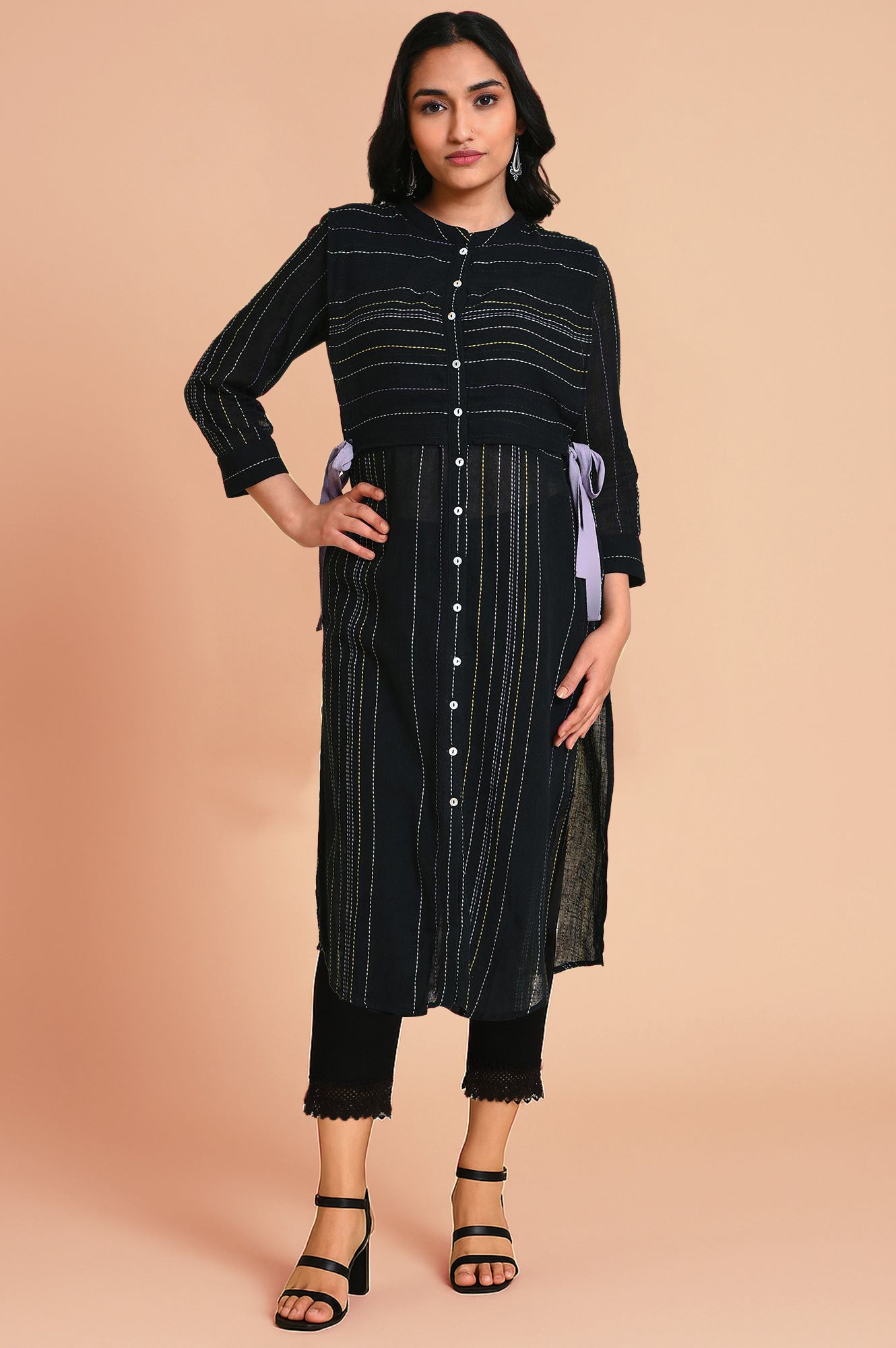 Black Abstract Printed Cotton Flax Straight Kurta with Slim Pant Set
