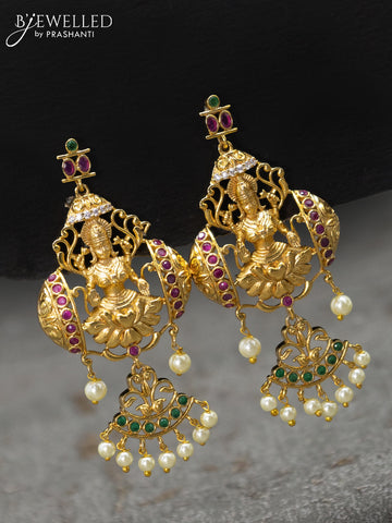 Antique earrings lakshmi design with kemp stone and pearl hangings