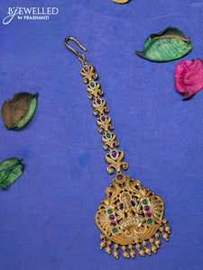 Antique maang tikka lakshmi design with kemp stones and golden beads hangings