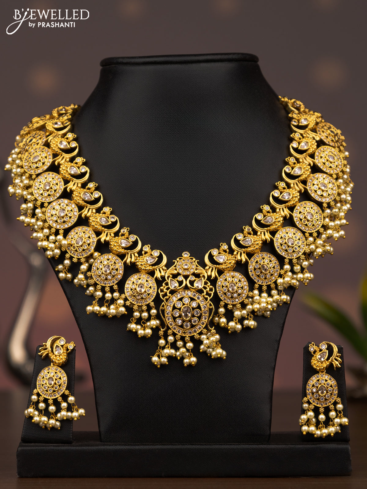 Antique guttapusalu necklace peacock design with cz stones and pearl hangings