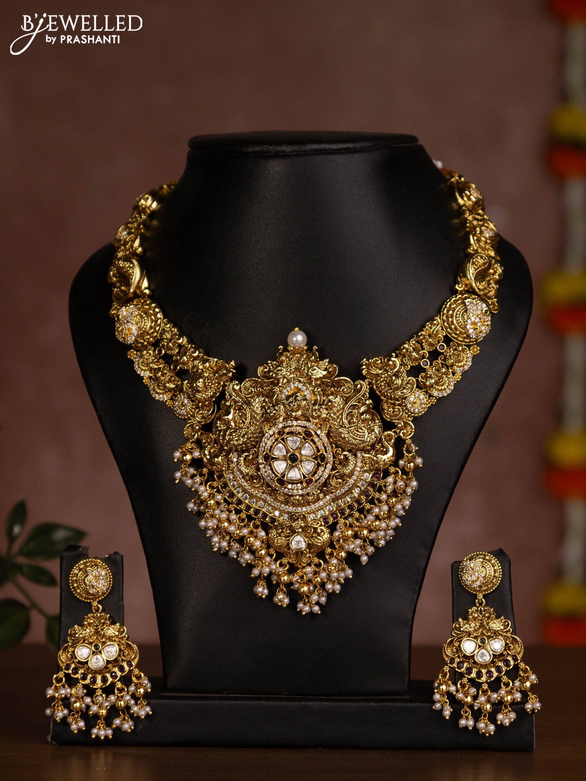 Antique necklace peacock design with kemp & kundan stones and pearl hangings