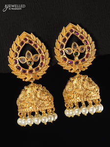 Antique jhumka with kemp stone and pearl hangings