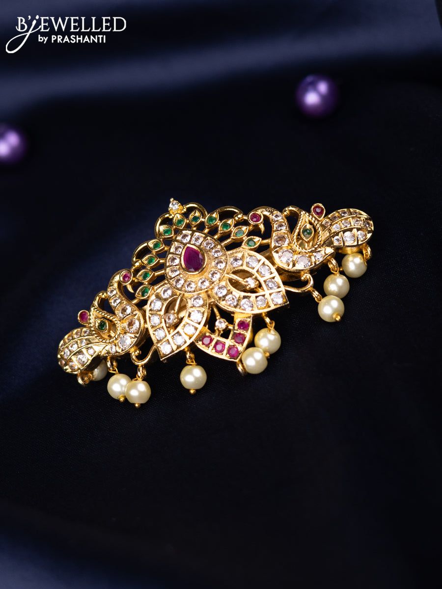 Antique hair clips medium size peacock design with kemp & cz stones and pearl hangings