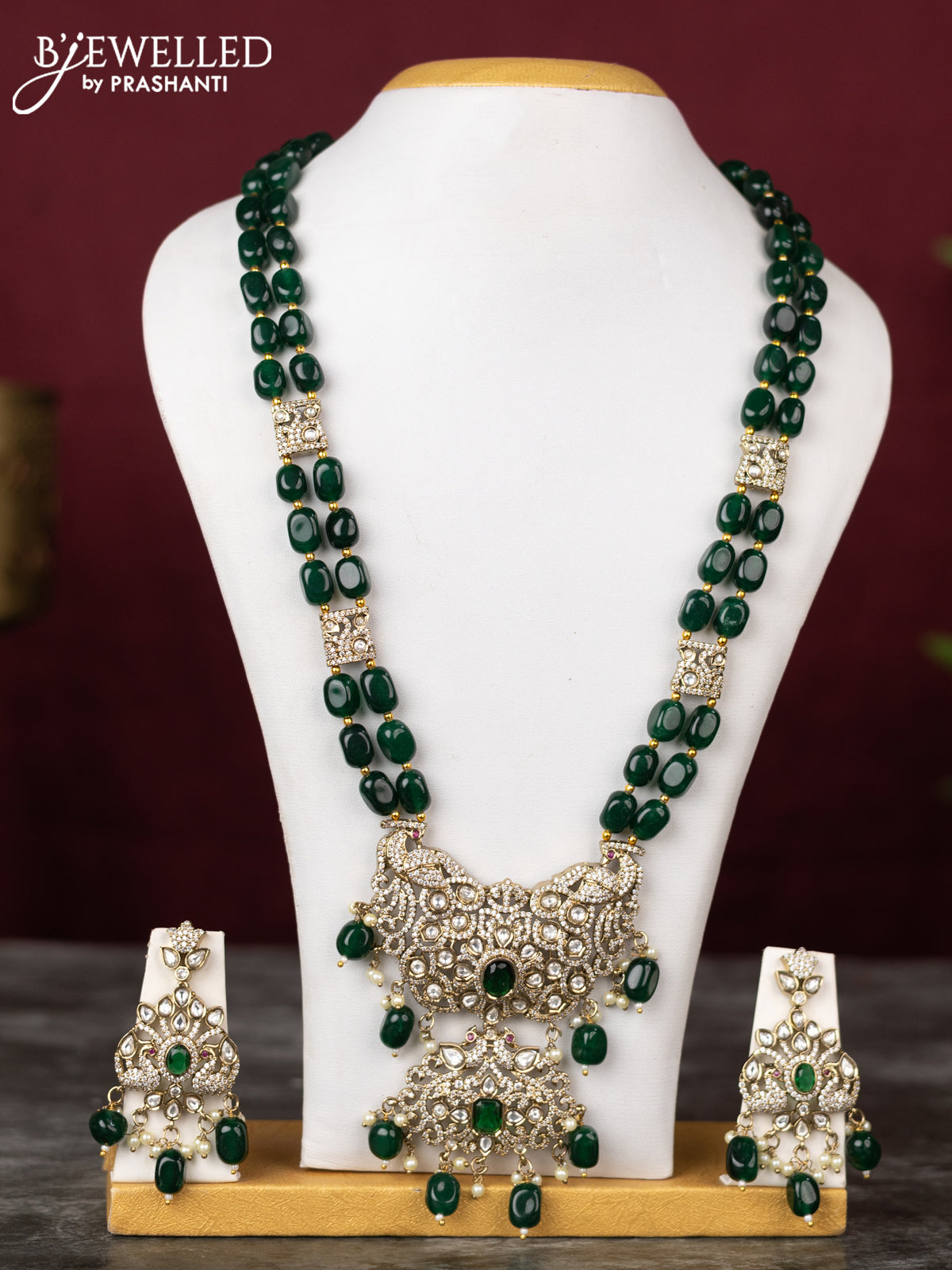 Beaded double layer green haram peacock design with emerald & kundan cz stones and pearl & beads hangings in victorian finish
