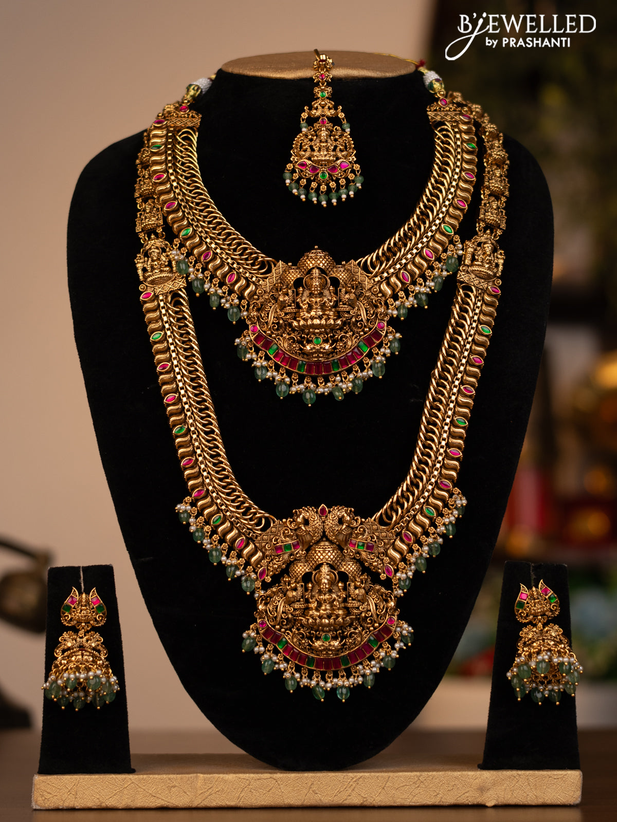 Antique combo set lakshmi pendant with jadau stones and pearl & green beads hanging
