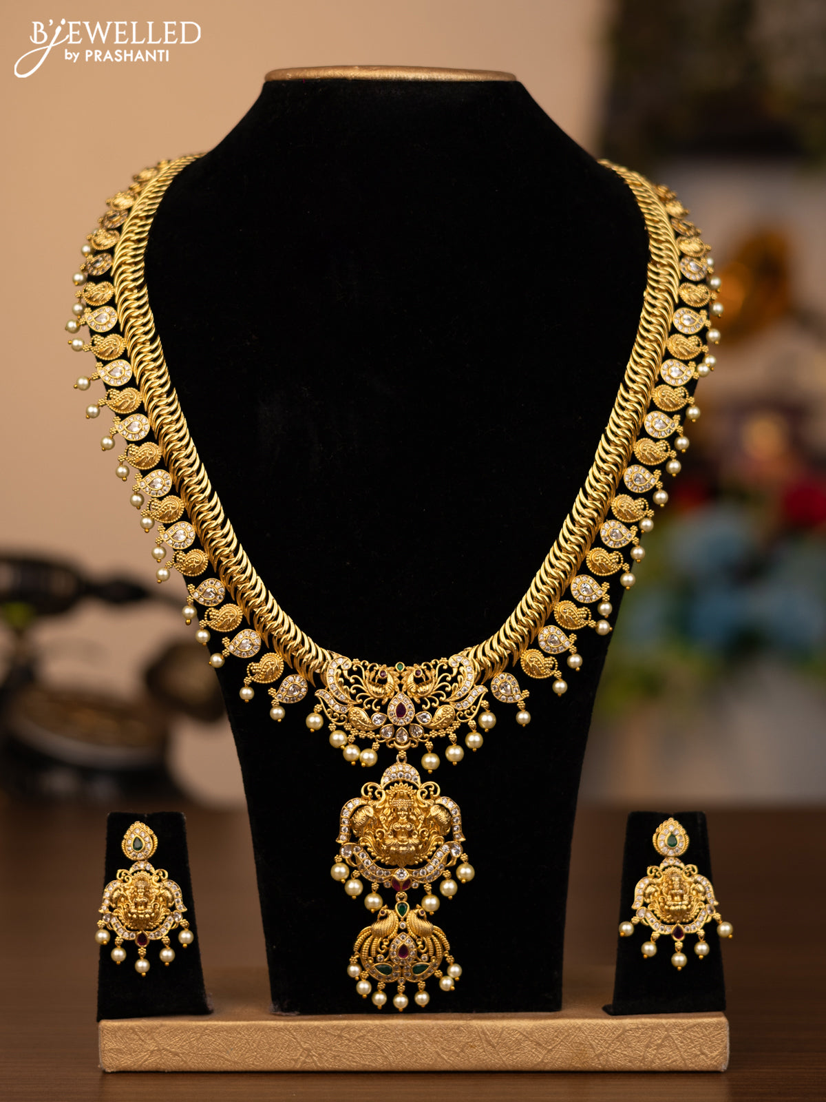Antique haaram lakshmi pendant with kemp & cz stones and pearl hangings