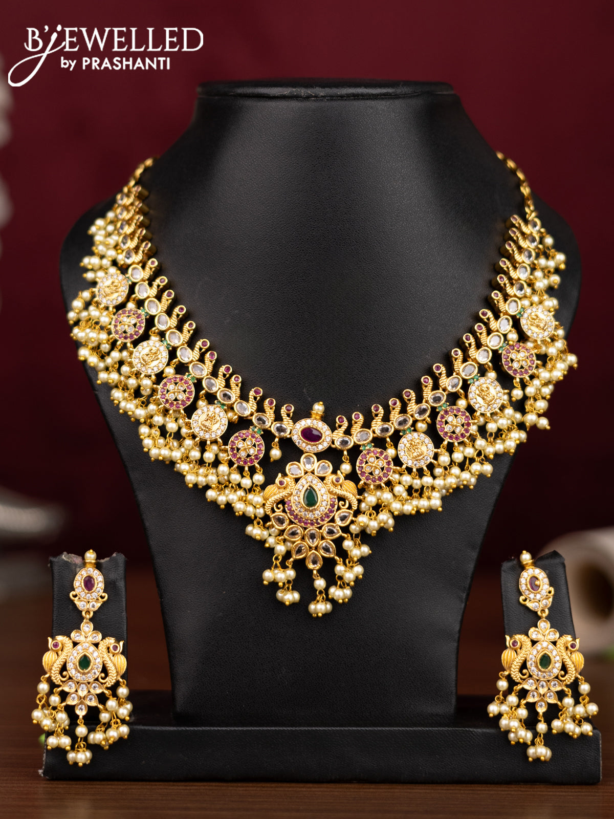 Antique guttapusalu necklace peacock & lakshmi design with kemp & cz stones and pearl hangings