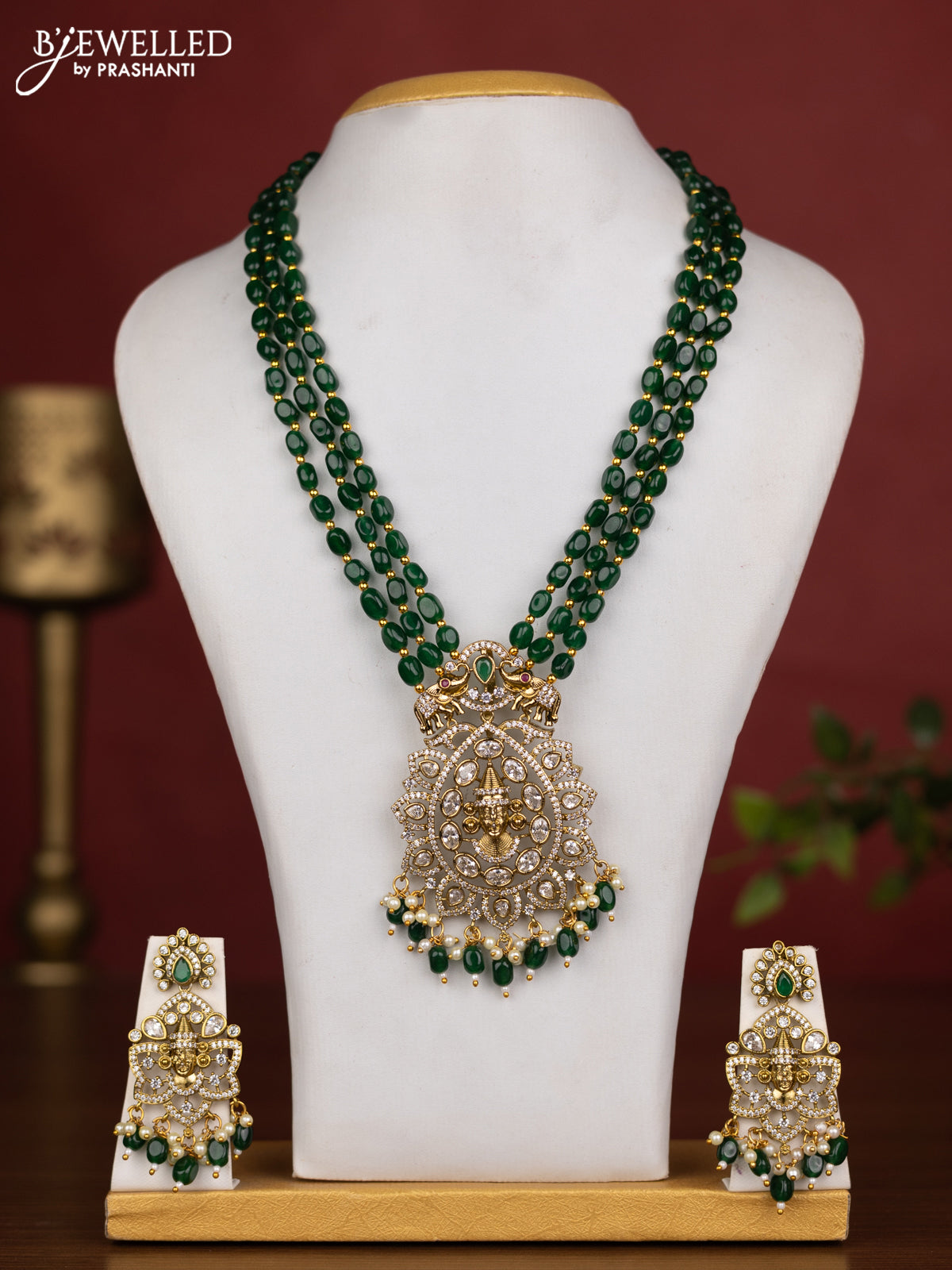 Beaded triple layer green necklace tiruapti balaji pendant with cz stones and pearl & beads hanging in victorian finish