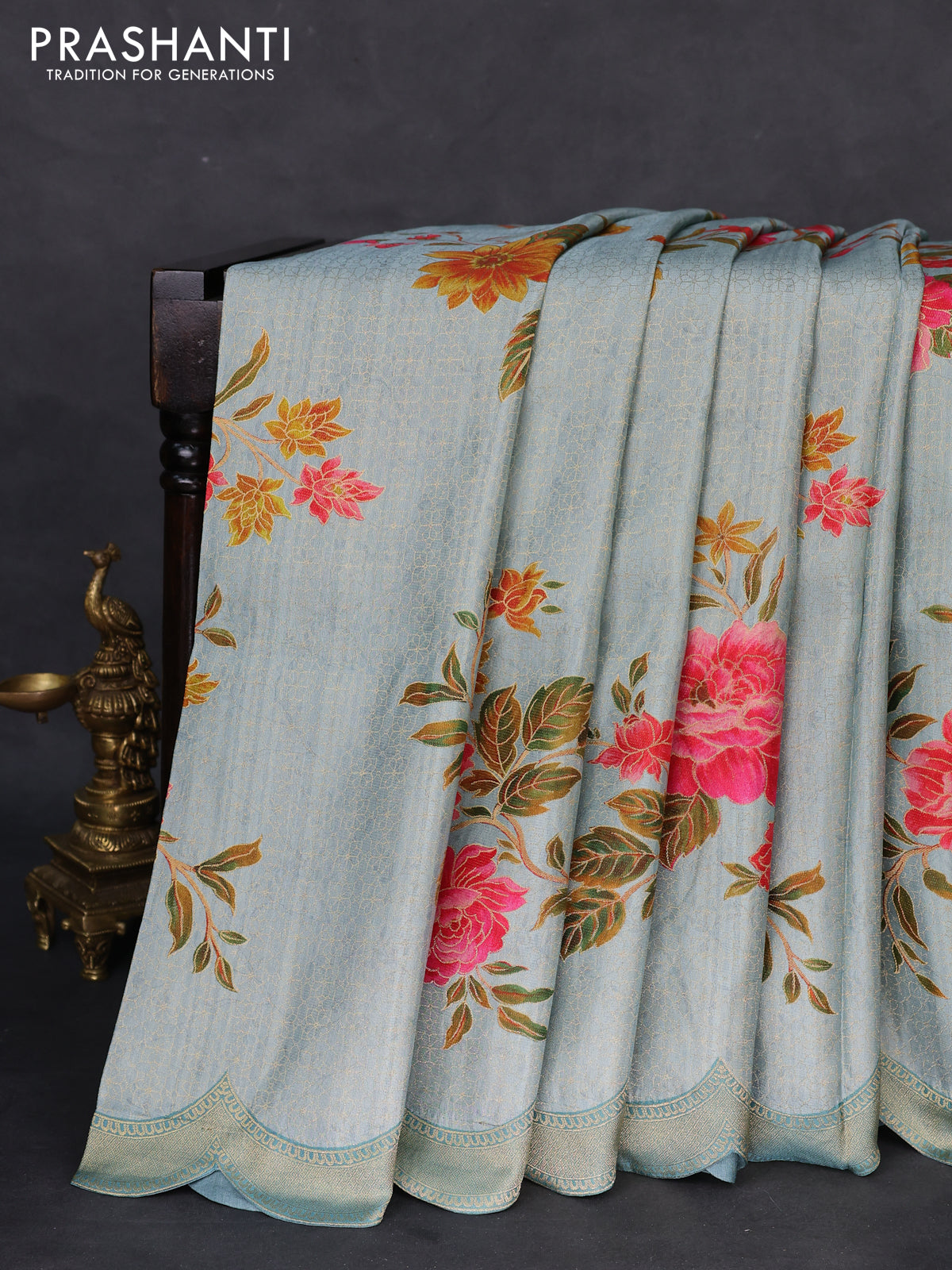 Banarasi silk saree pastel blue with allover floral prints and scallop design border