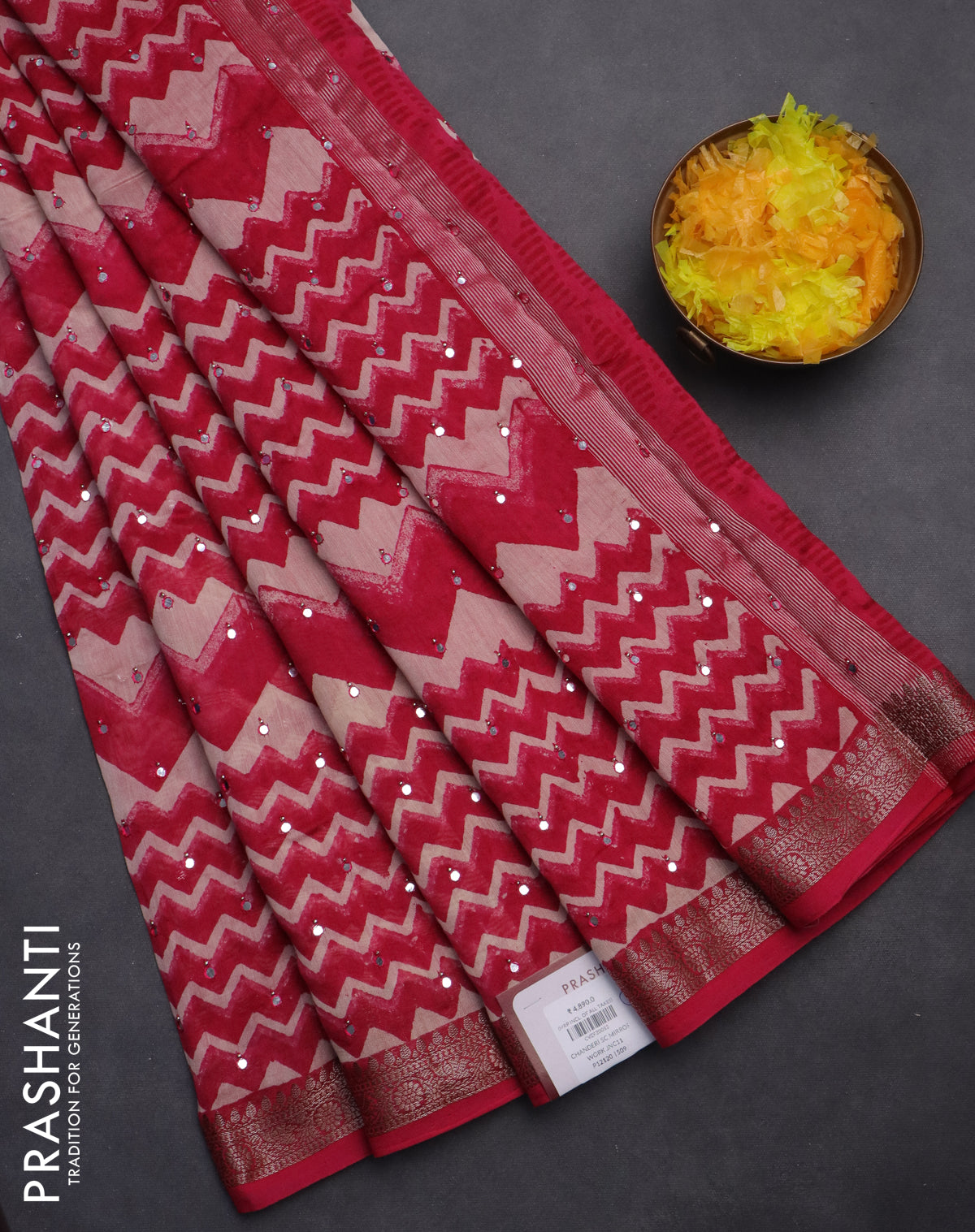 Chanderi silk cotton saree pink and beige with allover zig zag prints & mirror work and woven border