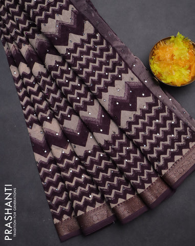 Chanderi silk cotton saree wine shade and beige with allover zig zag prints & mirror work and woven border