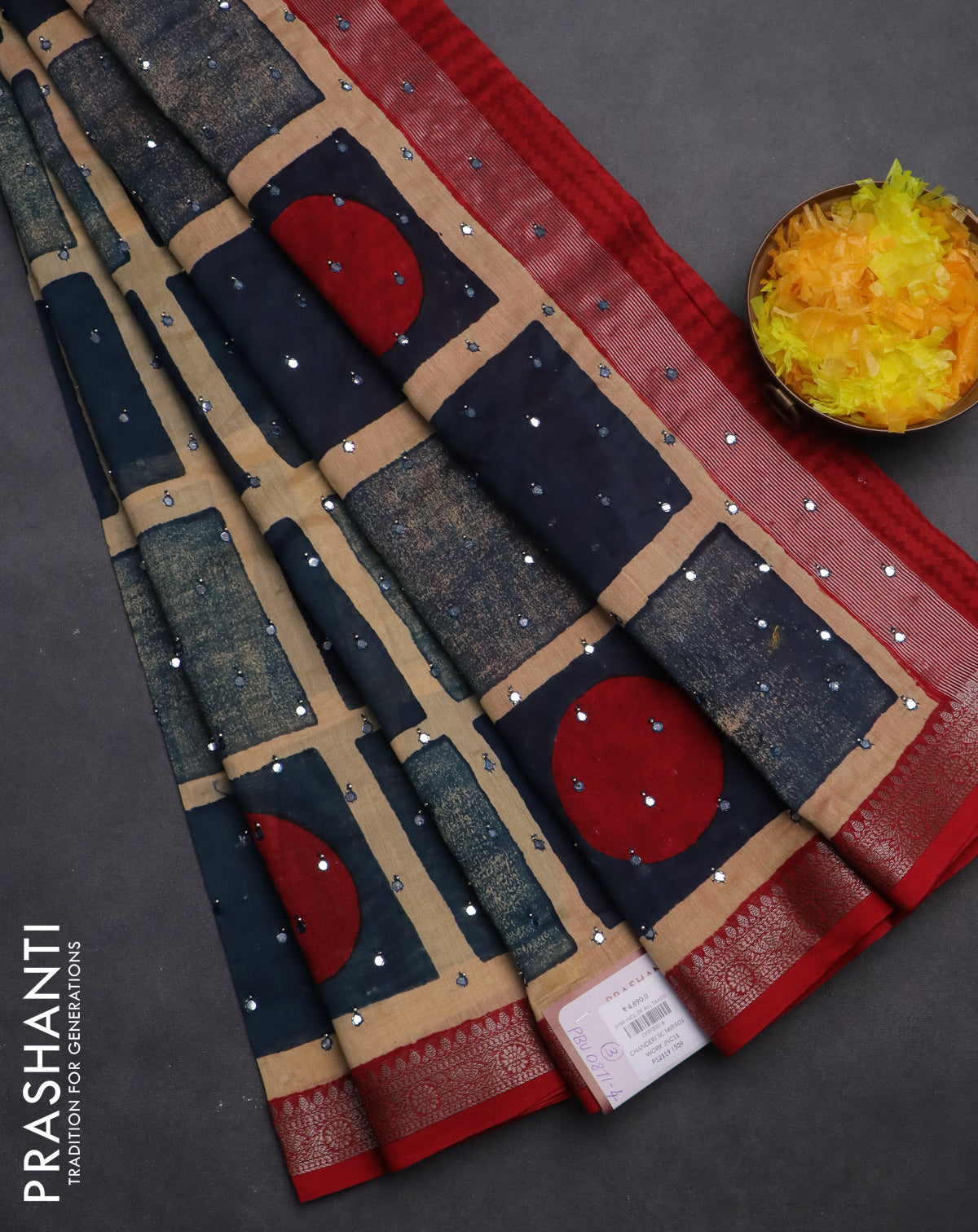 Chanderi silk cotton saree peacock blue and kumkum red with allover geometric prints & mirror work and woven border
