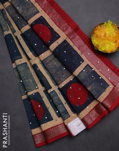 Chanderi silk cotton saree peacock blue and kumkum red with allover geometric prints & mirror work and woven border