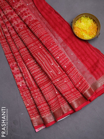 Chanderi silk cotton saree red with allover geometric prints & mirror work and woven border