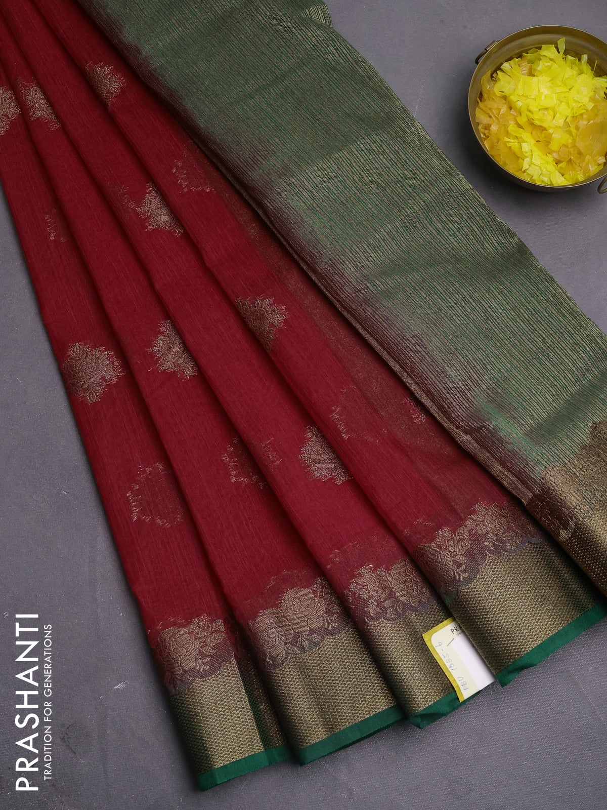 Banarasi semi matka saree red and green with thread & zari woven buttas and banarastyle border