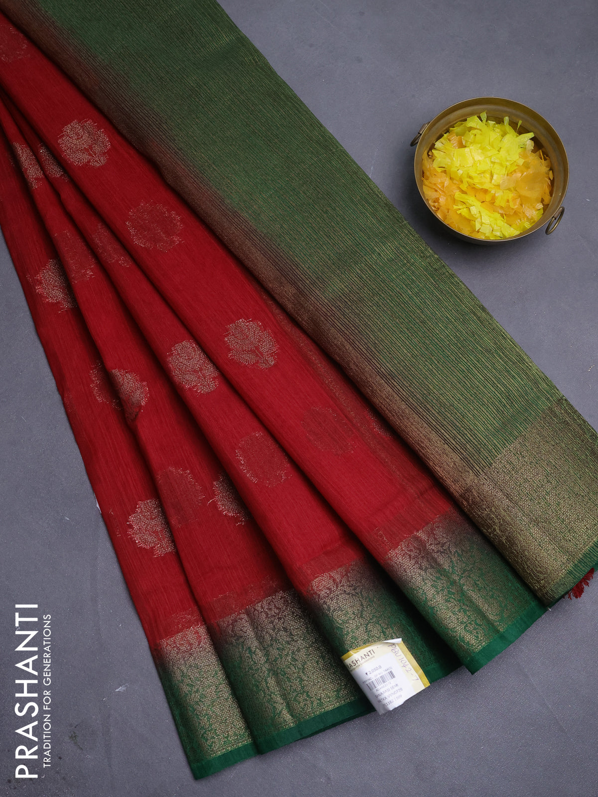 Banarasi semi matka saree red and green with thread & zari woven buttas and banarasi style border