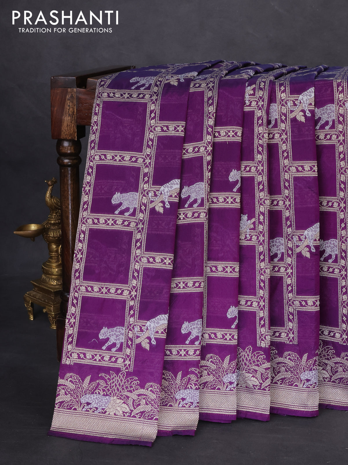 Banarasi semi katan silk saree violet with allover silver & gold zari weaves and zari woven border