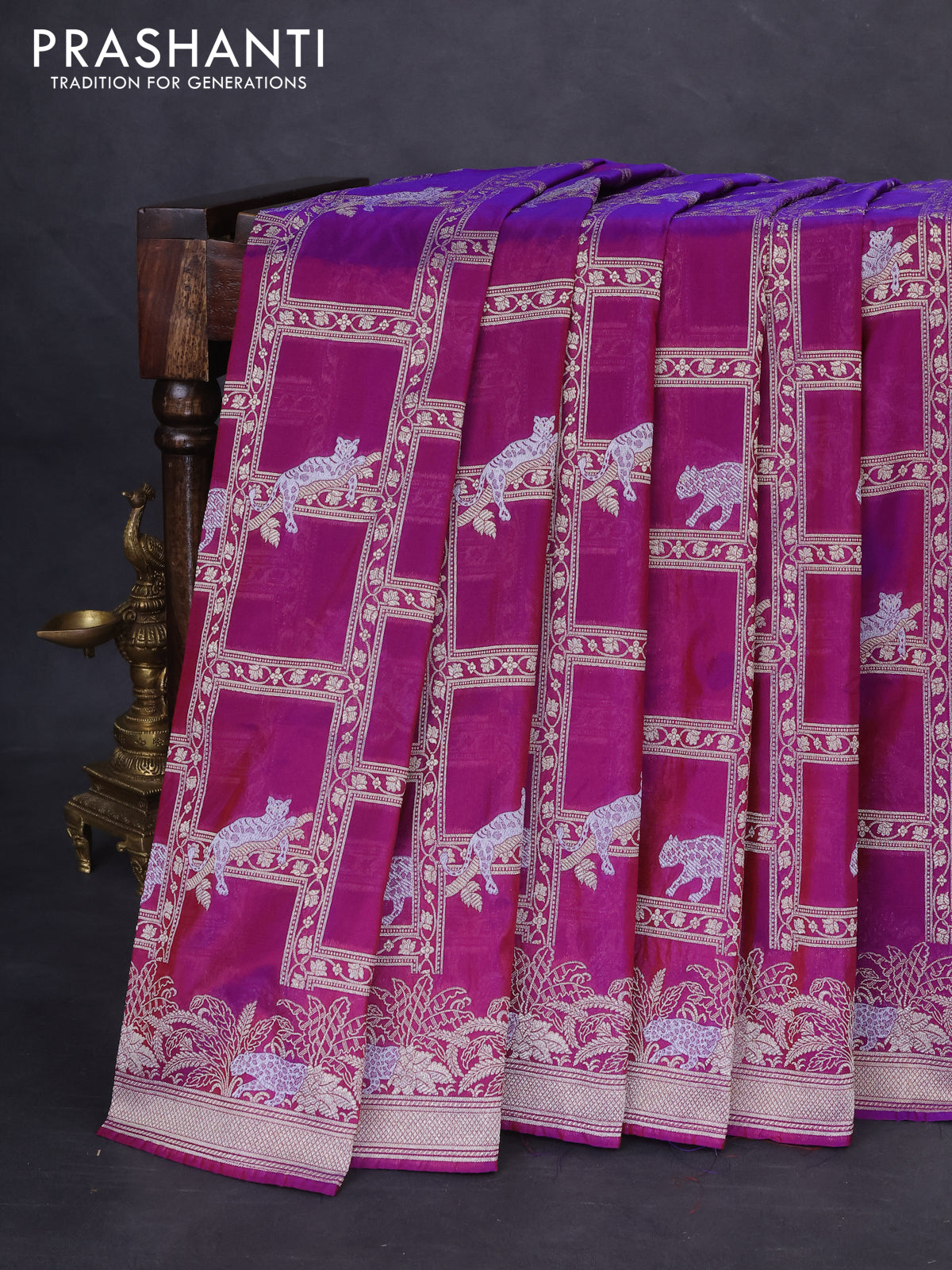 Banarasi semi katan silk saree purple with allover silver & gold zari weaves and zari woven border