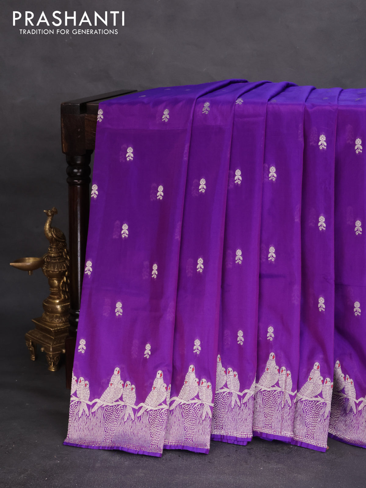 Banarasi semi katan silk saree purple with allover zari woven buttas and parrot design zari woven border