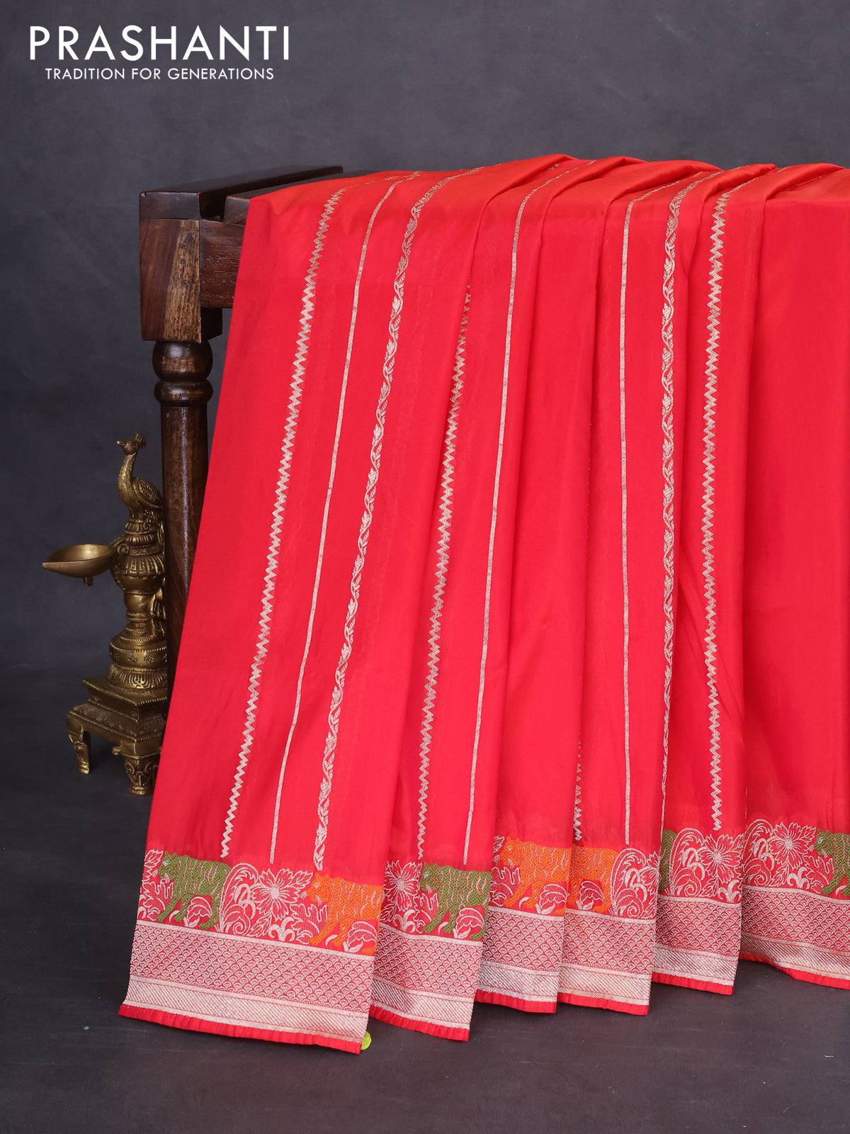 Banarasi semi katan silk saree red with allover zari weaves and rich zari woven border
