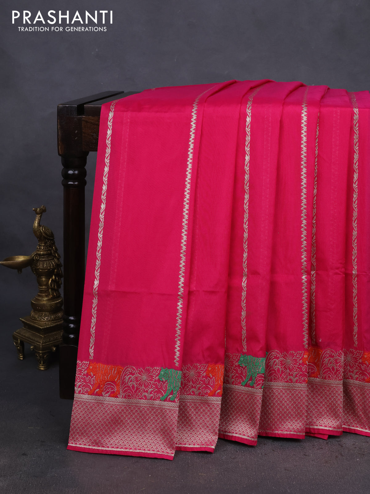 Banarasi semi katan silk saree pink with allover zari weaves and thread & zari woven border