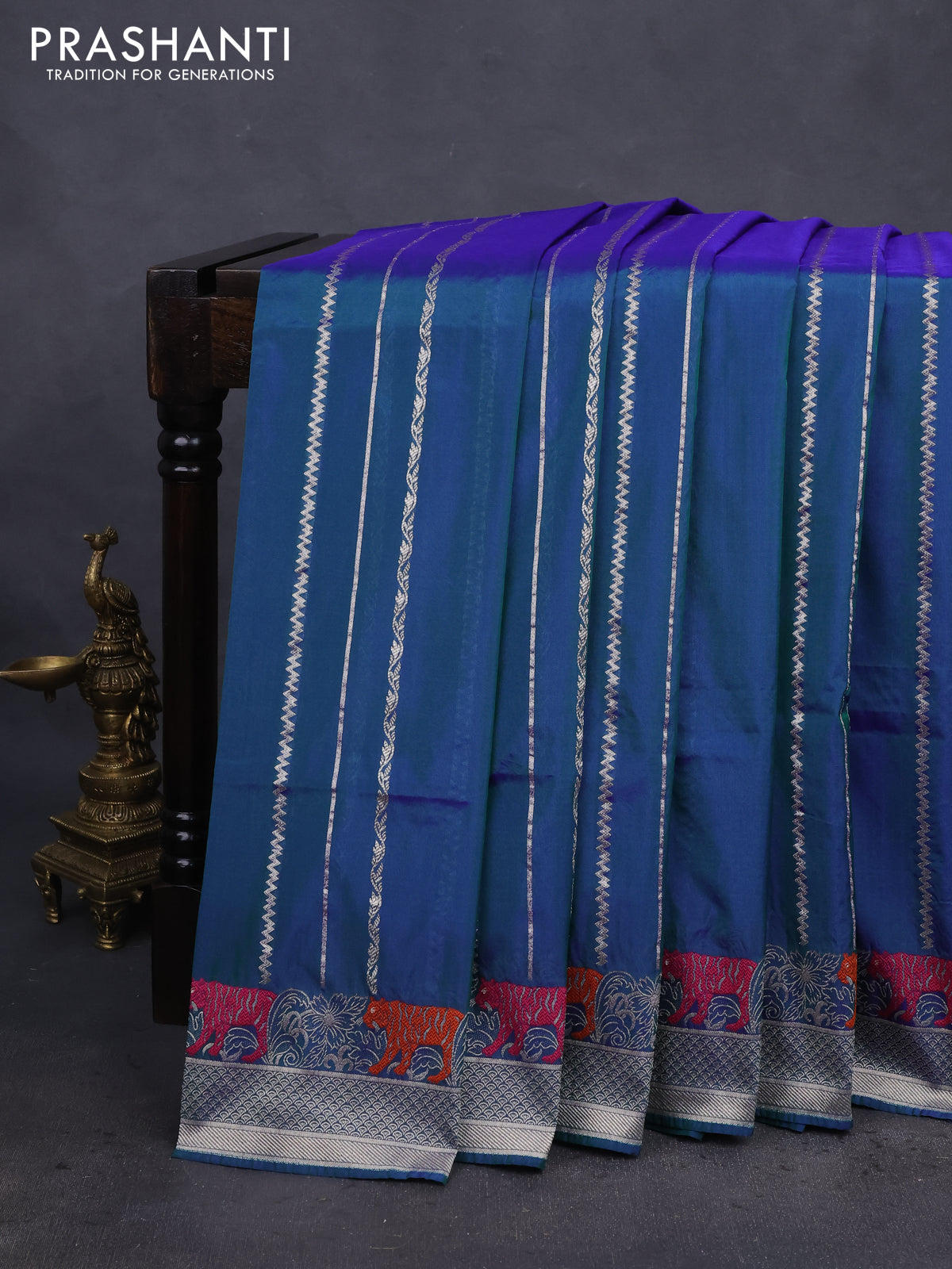 Banarasi semi katan silk saree dual shade of bluish green with allover zari weaves and thread & zari woven border