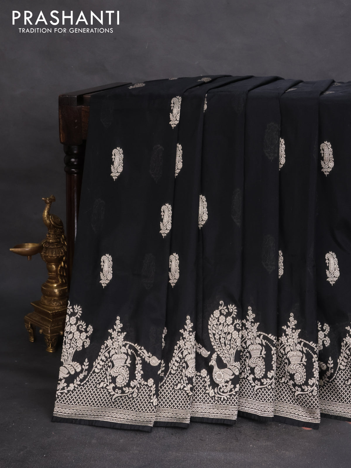 Banarasi semi katan silk saree black with zari woven buttas and rich zari woven border