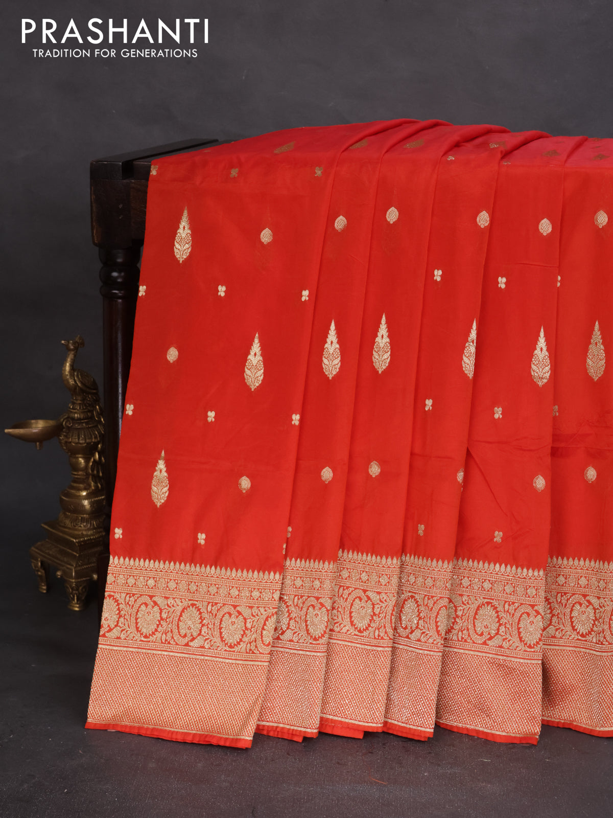 Banarasi semi katan silk saree red with zari woven buttas and rich zari woven border