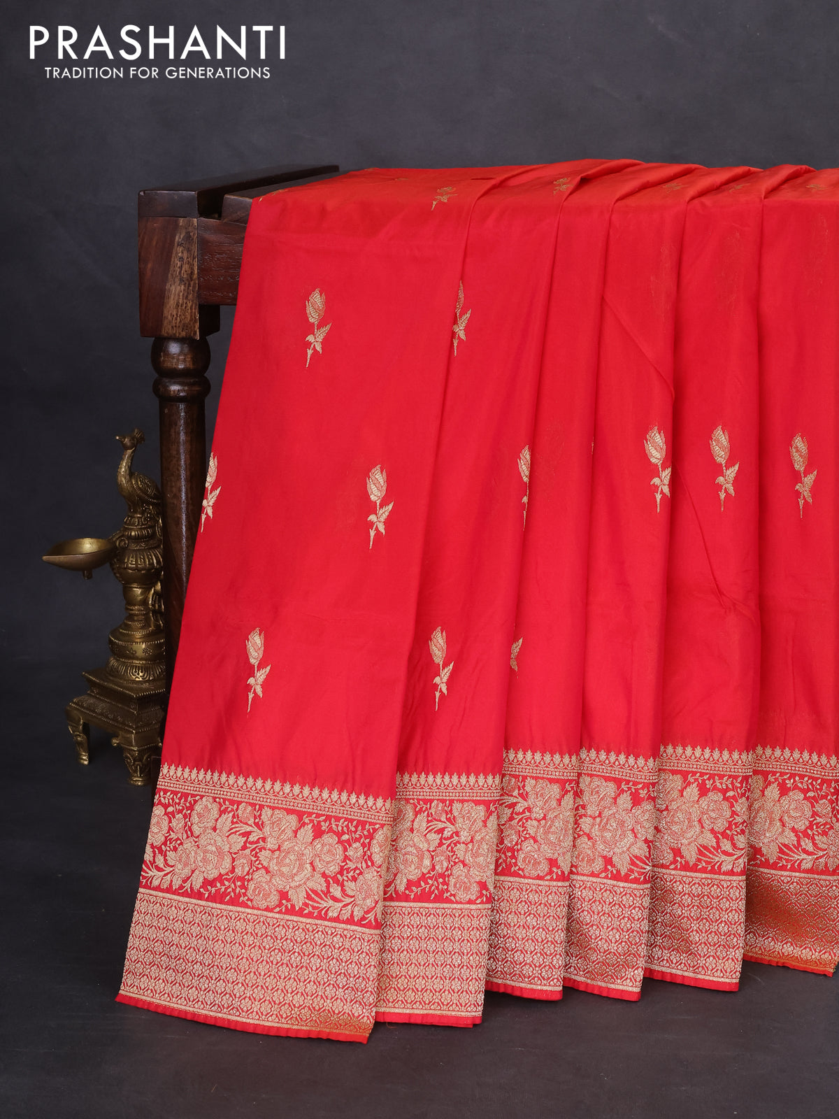 Banarasi semi katan silk saree dual shade of reddish pink with floral zari woven buttas and zari woven border