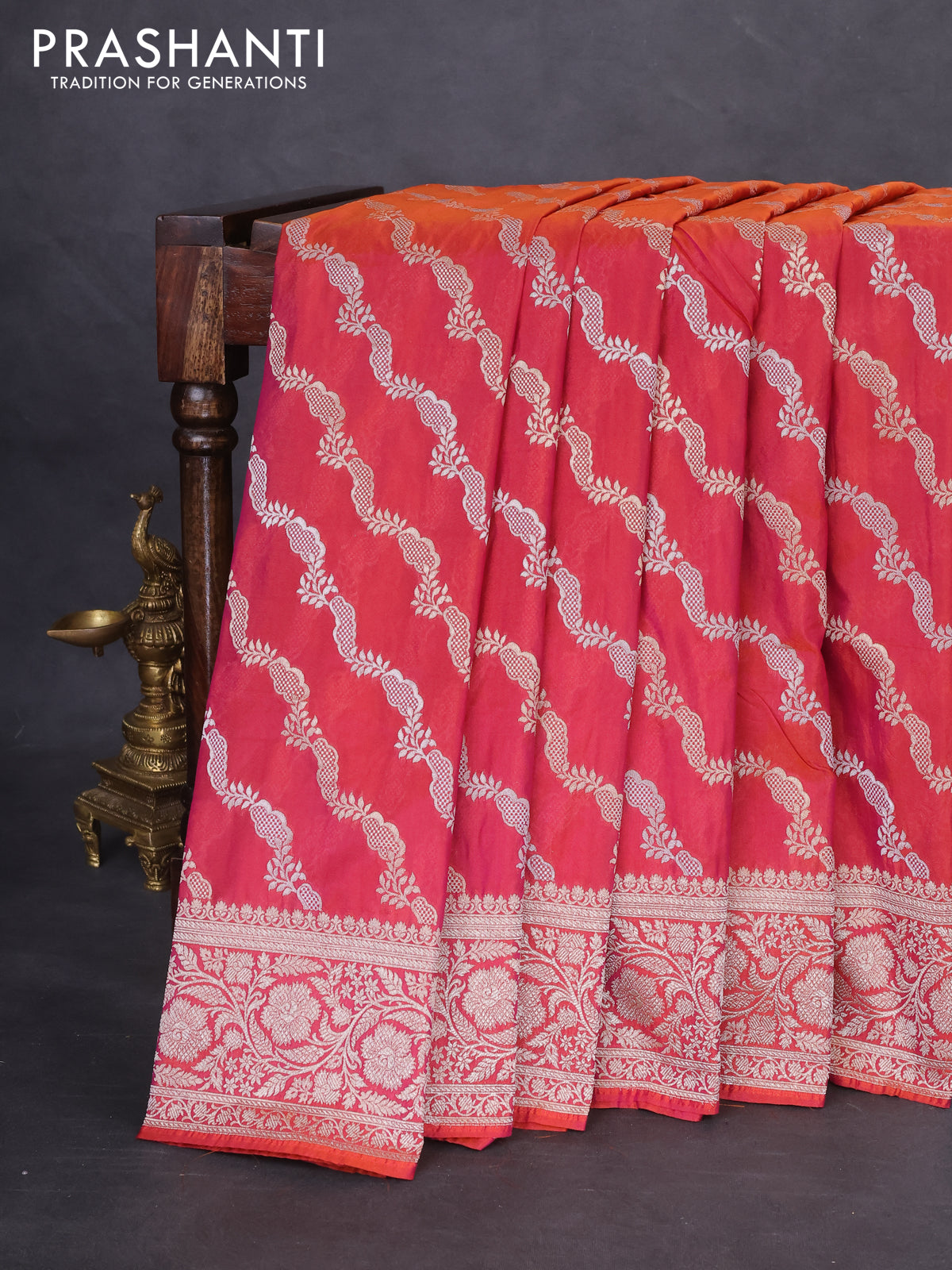 Banarasi semi katan silk saree dual shade of magenta pinkish orange with allover silver & gold zari weaves and floral zari woven border