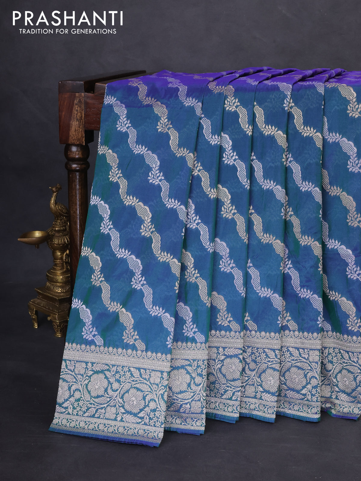Banarasi semi katan silk saree dual shade of bluish green with allover silver & gold zari weaves and floral zari woven border