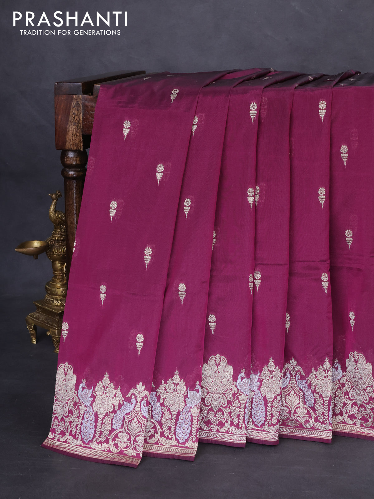 Banarasi semi katan silk saree wine shade with zari woven buttas and zari woven border