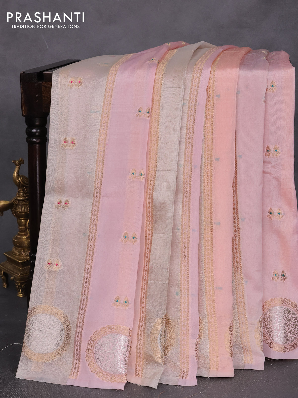 Banarasi tissue semi silk saree peach pink with zari weaves & buttas and zari woven butta border