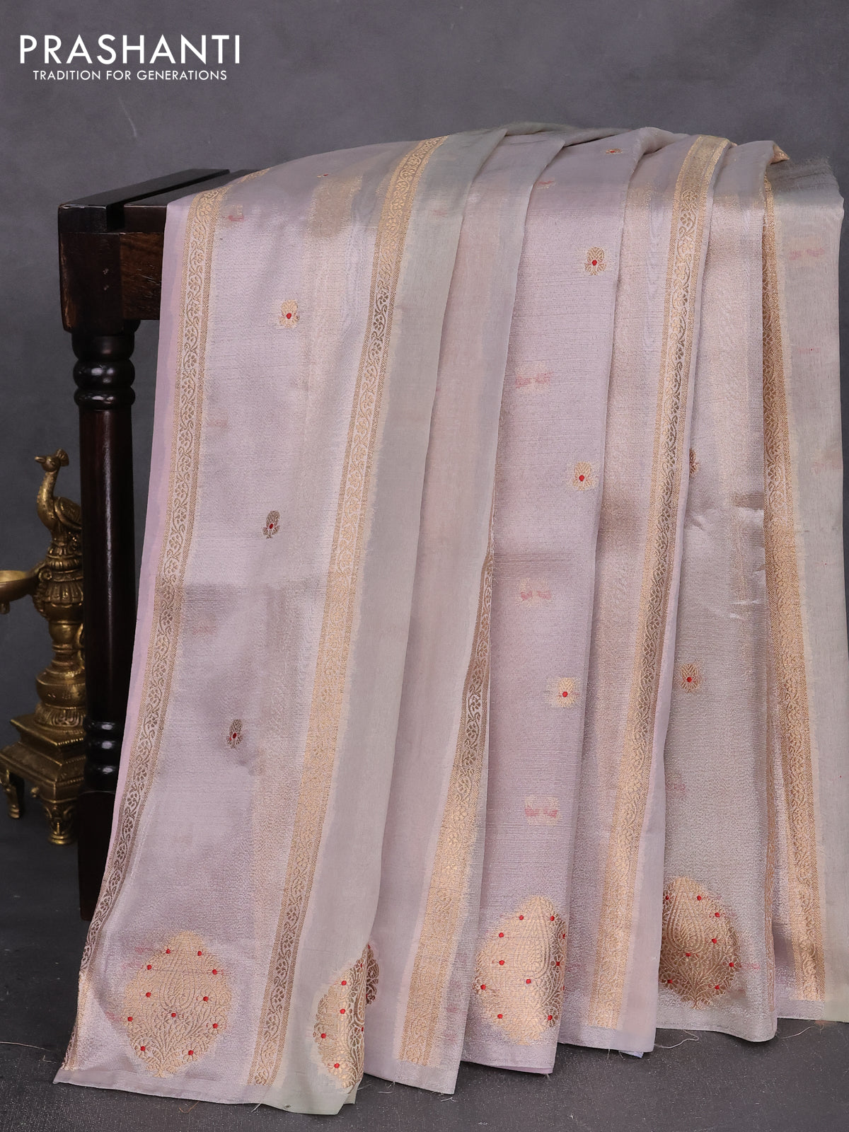 Banarasi tissue semi silk saree pastel grey and mild lavender with zari weaves & buttas and zari woven butta border