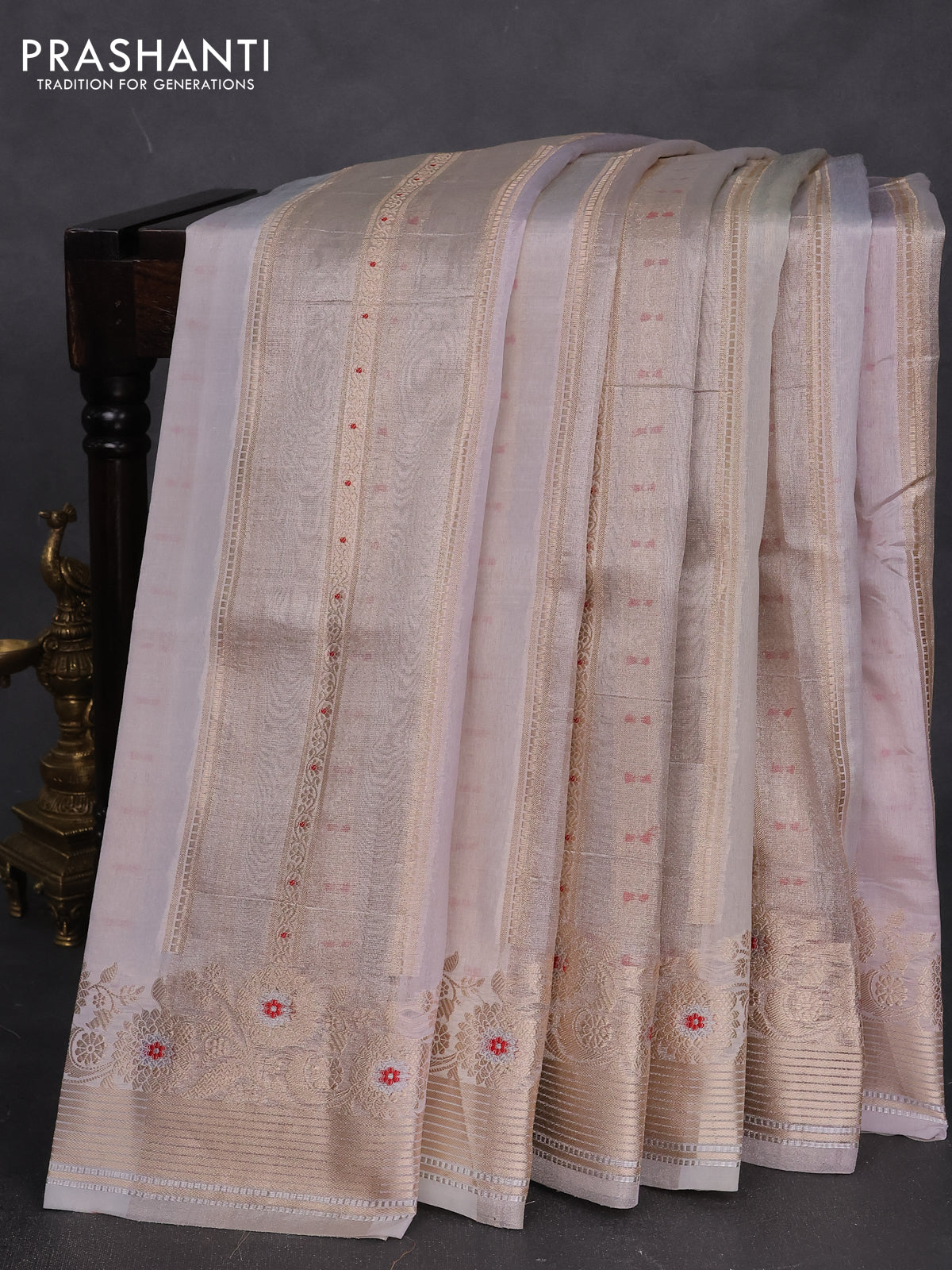 Banarasi tissue semi silk saree pastel grey and mild lavnder with allover zari weaves and zari woven floral border